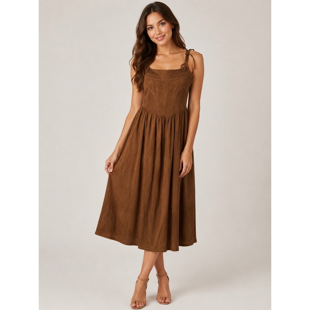 Moon River Brown Faux Suede Corset Midi Dress Tie Strap Medium